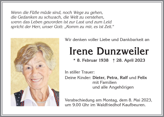 Traueranzeige von Irene Dunzweiler von Allgäuer Zeitung, Kaufbeuren/Buchloe
