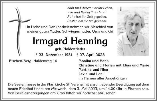 Traueranzeige von Irmgard Henning von Allgäuer Anzeigeblatt