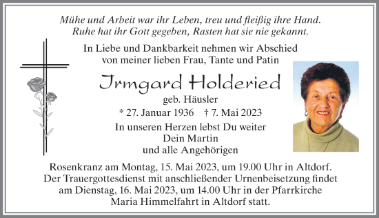 Traueranzeige von Irmgard Holderied von Allgäuer Zeitung, Marktoberdorf