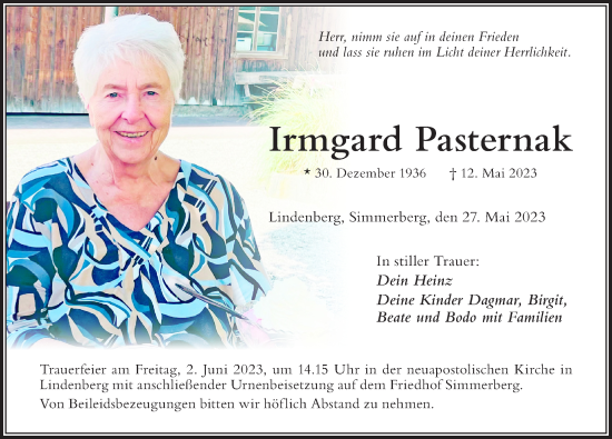 Traueranzeige von Irmgard Pasternak von Der Westallgäuer