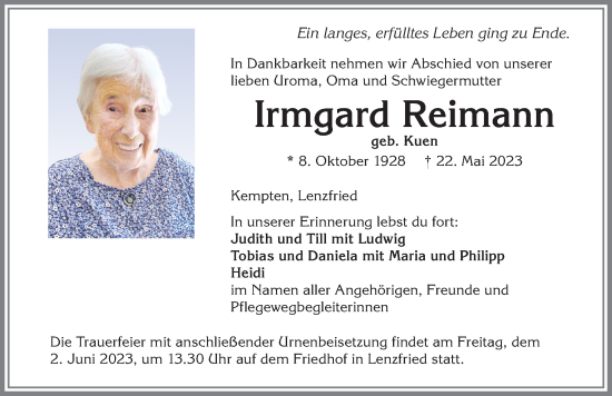 Traueranzeige von Irmgard Reimann von Allgäuer Zeitung,Kempten