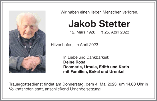 Traueranzeige von Jakob Stetter von Memminger Zeitung