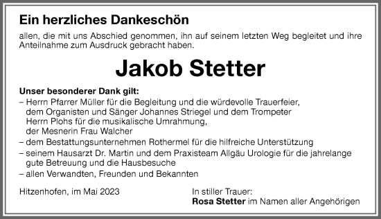 Traueranzeige von Jakob Stetter von Memminger Zeitung