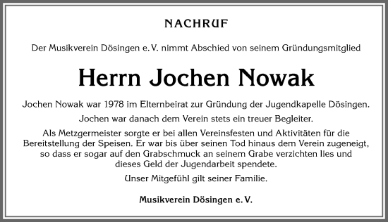 Traueranzeige von Jochen Nowak von Allgäuer Zeitung, Kaufbeuren/Buchloe