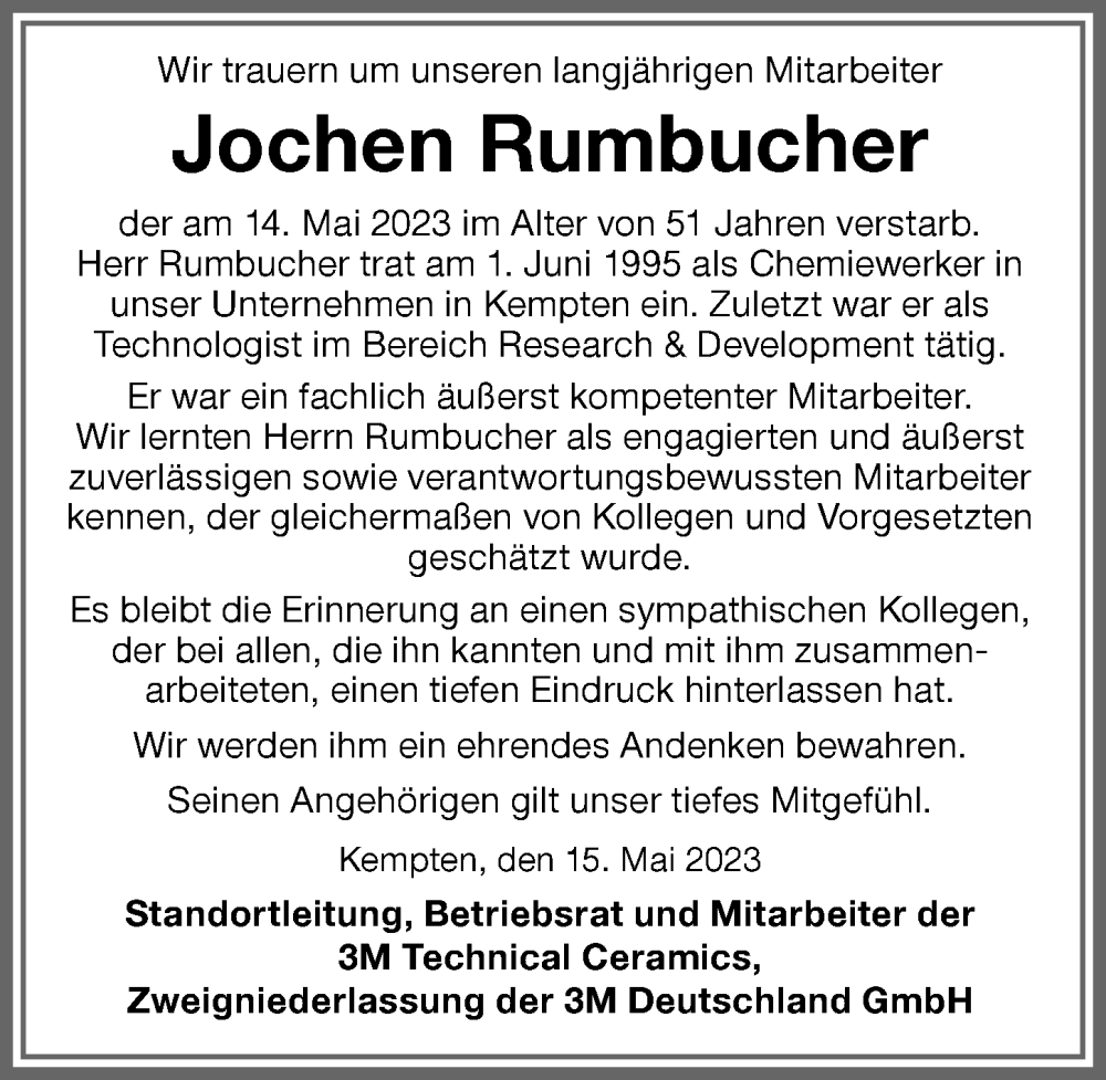  Traueranzeige für Jochen Rumbucher vom 25.05.2023 aus Allgäuer Anzeigeblatt