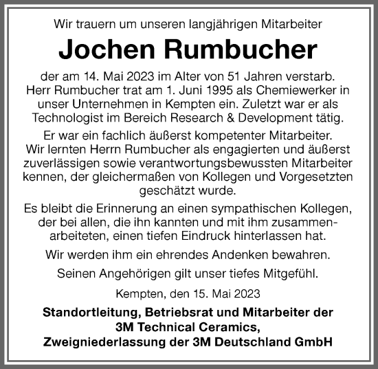 Traueranzeige von Jochen Rumbucher von Allgäuer Anzeigeblatt