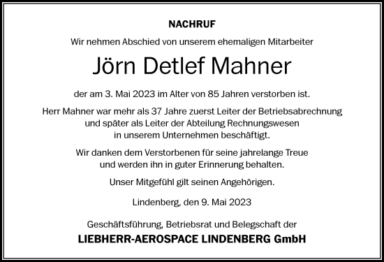 Traueranzeige von Jörn Detlef Mahner von Der Westallgäuer