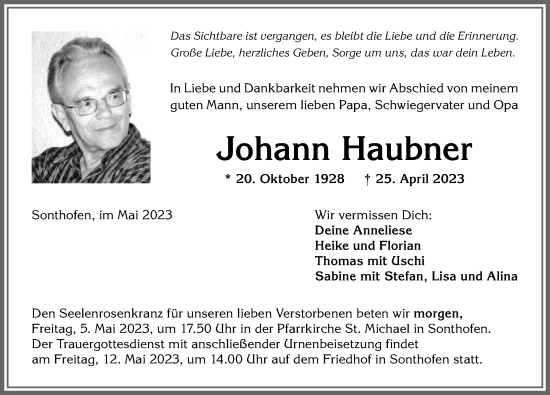 Traueranzeige von Johann Haubner von Allgäuer Anzeigeblatt