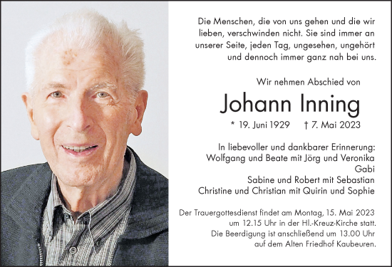 Traueranzeige von Johann Inning von Allgäuer Zeitung, Kaufbeuren/Buchloe