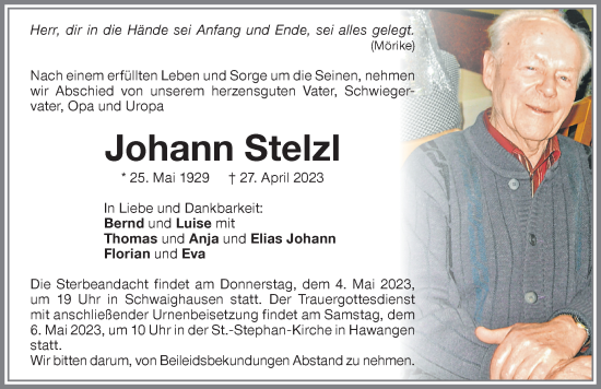 Traueranzeige von Johann Stelzl von Memminger Zeitung