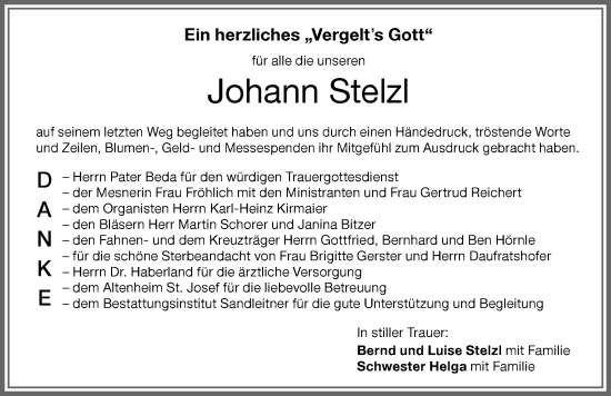 Traueranzeige von Johann Stelzl von Memminger Zeitung