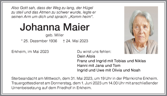 Traueranzeige von Johanna Maier von Memminger Zeitung