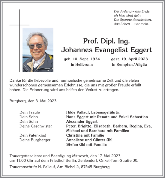 Traueranzeige von Johannes Evangelist Eggert von Allgäuer Anzeigeblatt