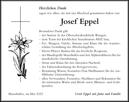 Traueranzeige von Josef Eppel von Der Westallgäuer
