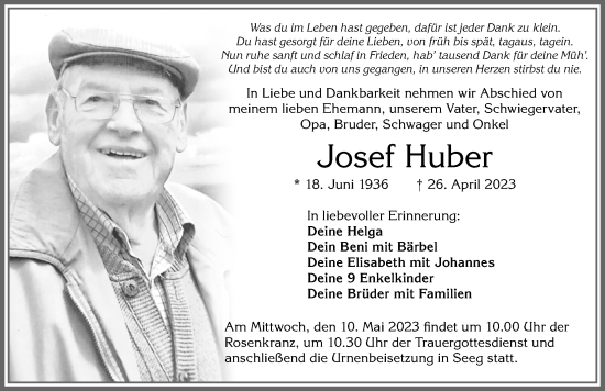 Traueranzeige von Josef Huber von Allgäuer Zeitung, Füssen