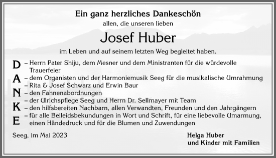Traueranzeige von Josef Huber von Allgäuer Zeitung, Füssen
