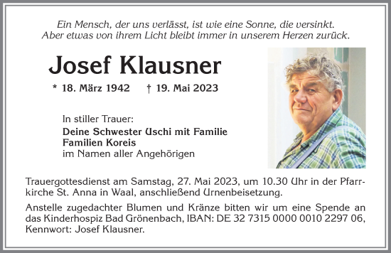 Traueranzeige von Josef Klausner von Allgäuer Zeitung, Kaufbeuren/Buchloe