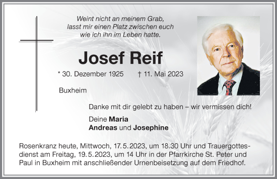Traueranzeige von Josef Reif von Memminger Zeitung