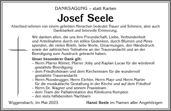 Traueranzeige von Josef Seele von Allgäuer Zeitung,Kempten