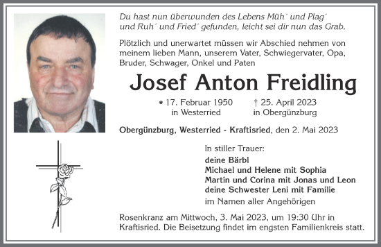 Traueranzeige von Josef Anton Freidling von Allgäuer Zeitung, Marktoberdorf