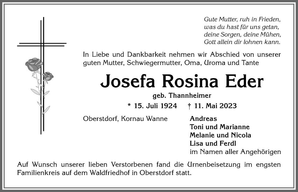  Traueranzeige für Josefa Rosina Eder vom 26.05.2023 aus Allgäuer Anzeigeblatt