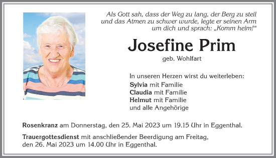 Traueranzeige von Josefine Prim von Allgäuer Zeitung, Kaufbeuren/Buchloe