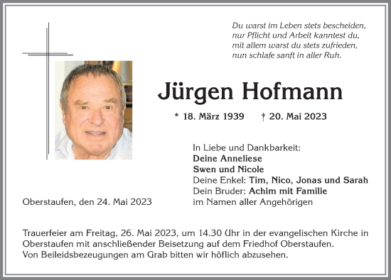 Traueranzeige von Jürgen Hofmann von Allgäuer Anzeigeblatt