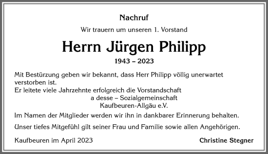 Traueranzeige von Jürgen Philipp von Allgäuer Zeitung, Kaufbeuren/Buchloe
