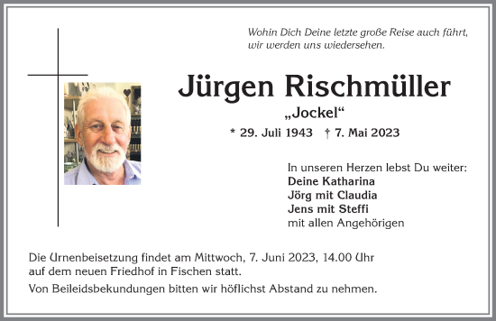Traueranzeige von Jürgen Rischmüller von Allgäuer Anzeigeblatt