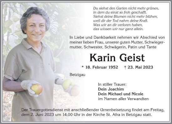 Traueranzeige von Karin Geist von Allgäuer Zeitung,Kempten