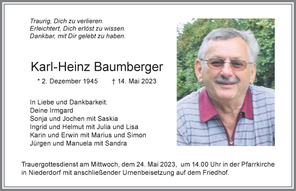  Traueranzeige für Karl-Heinz Baumberger vom 20.05.2023 aus Memminger Zeitung