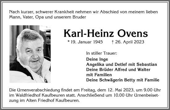 Traueranzeige von Karl-Heinz Ovens von Allgäuer Zeitung, Kaufbeuren/Buchloe