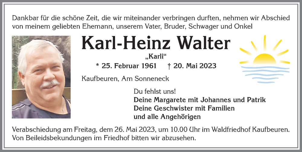  Traueranzeige für Karl-Heinz Walter vom 24.05.2023 aus Allgäuer Zeitung, Kaufbeuren/Buchloe