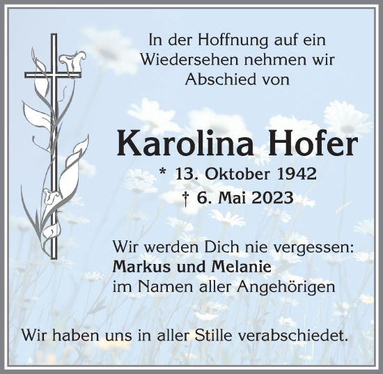 Traueranzeige von Karolina Hofer von Allgäuer Zeitung,Kempten