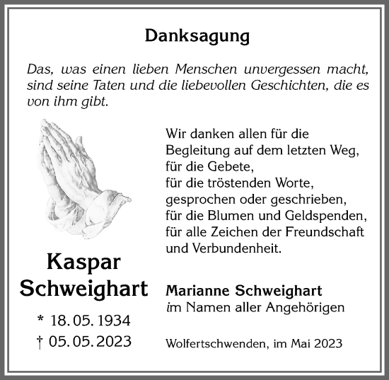 Traueranzeige von Kaspar Schweighart von Memminger Zeitung