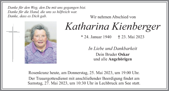 Traueranzeige von Katharina Kienberger von Allgäuer Zeitung, Füssen