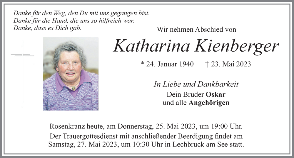  Traueranzeige für Katharina Kienberger vom 25.05.2023 aus Allgäuer Zeitung, Füssen