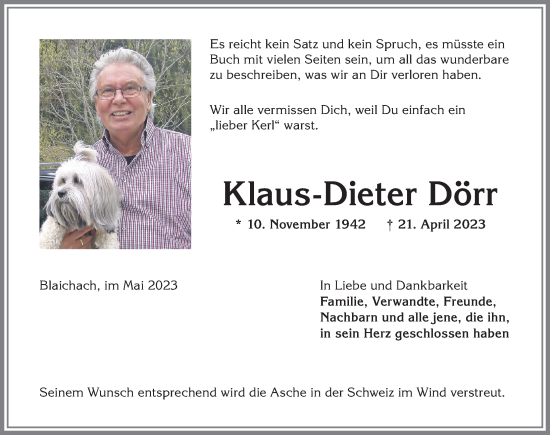 Traueranzeige von Klaus-Dieter Dörr von Allgäuer Anzeigeblatt
