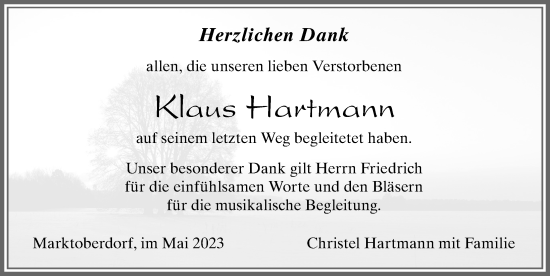 Traueranzeige von Klaus Hartmann von Allgäuer Zeitung, Marktoberdorf