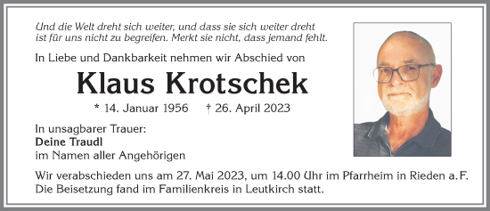 Traueranzeige von Klaus Krotschek von Allgäuer Zeitung, Füssen