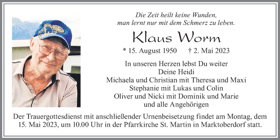 Traueranzeige von Klaus Worm von Allgäuer Zeitung, Marktoberdorf