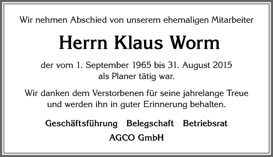 Traueranzeige von Klaus Worm von Allgäuer Zeitung, Marktoberdorf
