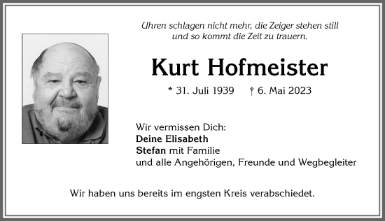 Traueranzeige von Kurt Hofmeister von Allgäuer Zeitung,Kempten