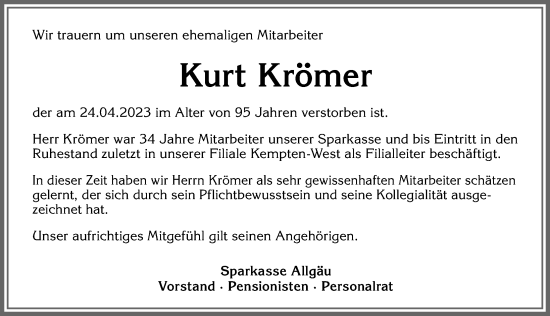 Traueranzeige von Kurt Krömer von Allgäuer Zeitung,Kempten