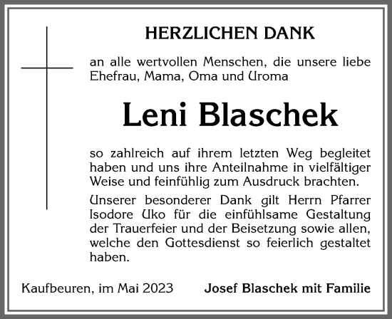 Traueranzeige von Leni Blaschek von Allgäuer Zeitung, Kaufbeuren/Buchloe