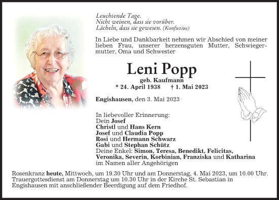 Traueranzeige von Leni Popp von Illertisser Zeitung, Augsburger Allgemeine