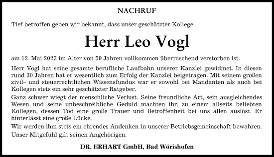 Traueranzeige von Leo Vogl von Augsburger Allgemeine, Mindelheimer Zeitung
