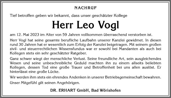 Traueranzeige von Leo Vogl von Allgäuer Anzeigeblatt
