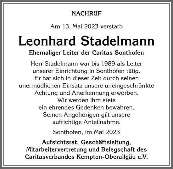 Traueranzeige von Leonhard Stadelmann von Allgäuer Anzeigeblatt