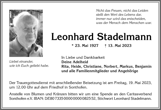 Traueranzeige von Leonhard Stadelmann von Allgäuer Anzeigeblatt